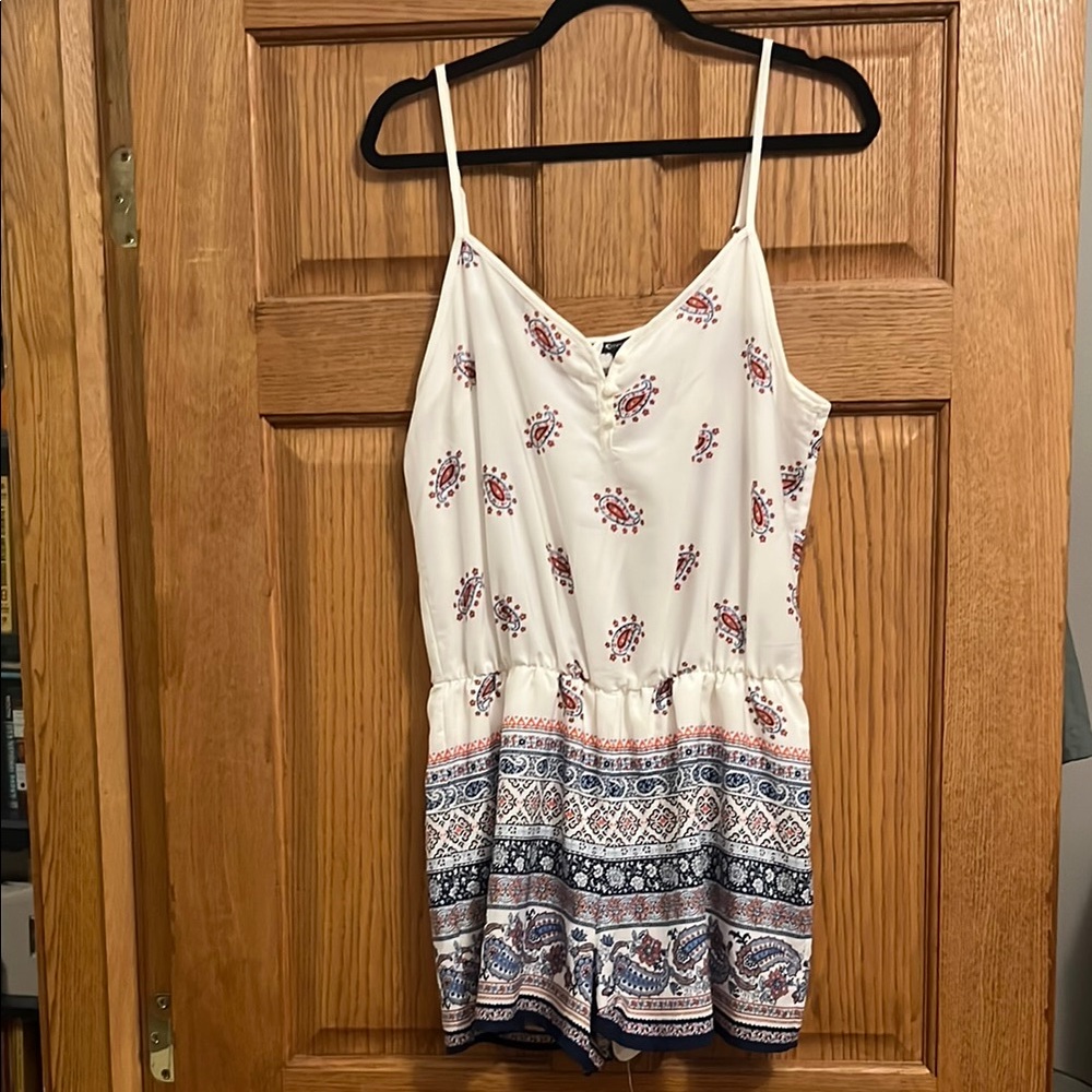 White with pink and blue Patterned Romper | size large